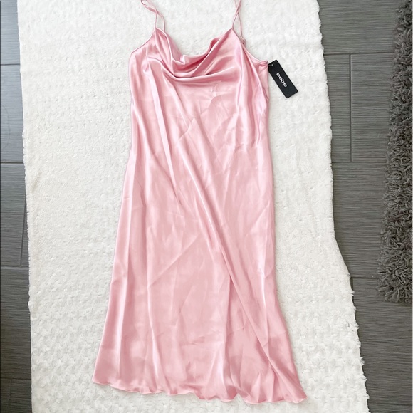 NWT- BEBE Silky Cowl Neck Pink Slip Dress - Picture 2 of 11